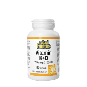 „Natural Factors“ vitaminas K+D 120 mcg ir 1000 TV (120 minkštųjų kapsulių) – Viking Supplements